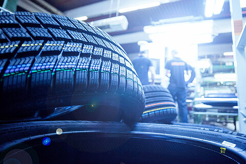 Car tires in production.